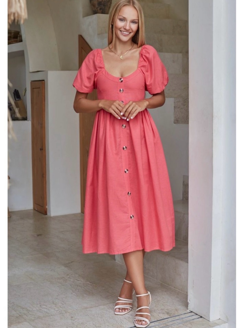 Bali Elf Adele Coral Button-Front Puff Sleeve Midi Dress